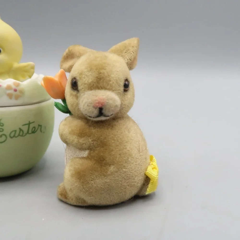 Vintage Bunny Rabbit Lot Trinket Box Duck Happy Easter Flocked Figures